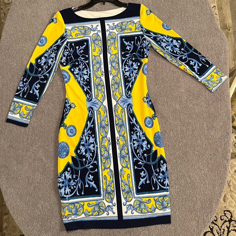 Cache Yellow, Navy & Light Blue Baroque-Print Sheath Dress